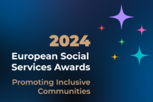 Imagen portada publicidad Premios europeos de Servicios sociales en fondo azul y con estrellas de colores