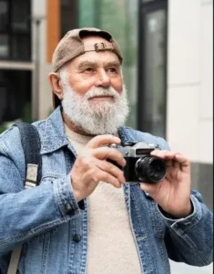 Hombre mayor con camara de fotos en tiempo libre