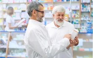 Hombres mayores en farmacia