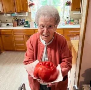 Mujer mayor con tomate grande