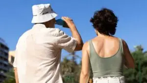 Pareja mayor de espaldas al aire libre bebiendo agua