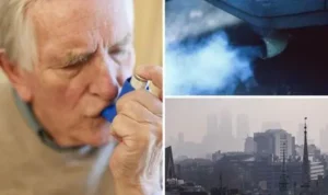Persona mayor con aerosol e imagenes de contaminacion