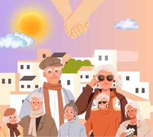 Personas mayores juntas sobre un fondo rural
