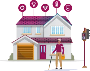 Dibujo de persona mayor y casa con iconos de accesibilidad