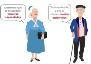 Pareja de personas mayores con frases a favor de sus derechos