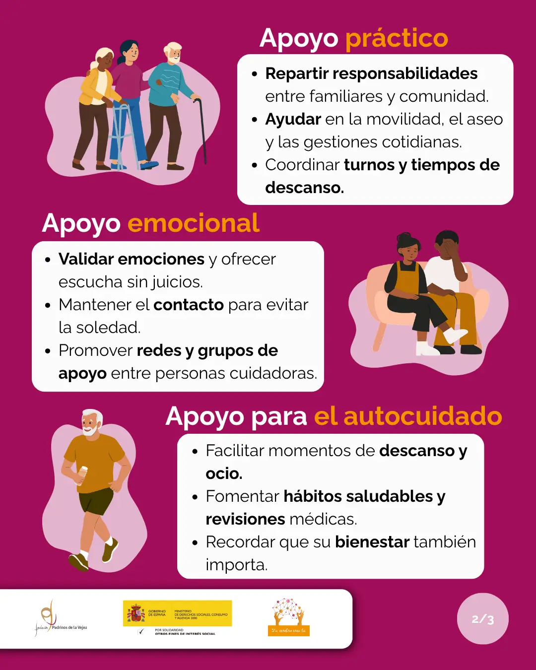 Imágenes de persona cuidadoras y formas de apoyo práctico, emocional y de autocuidado