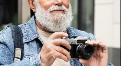 Hombre mayor con cámara de fotos en tiempo libre