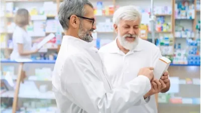Hombres mayores en farmacia